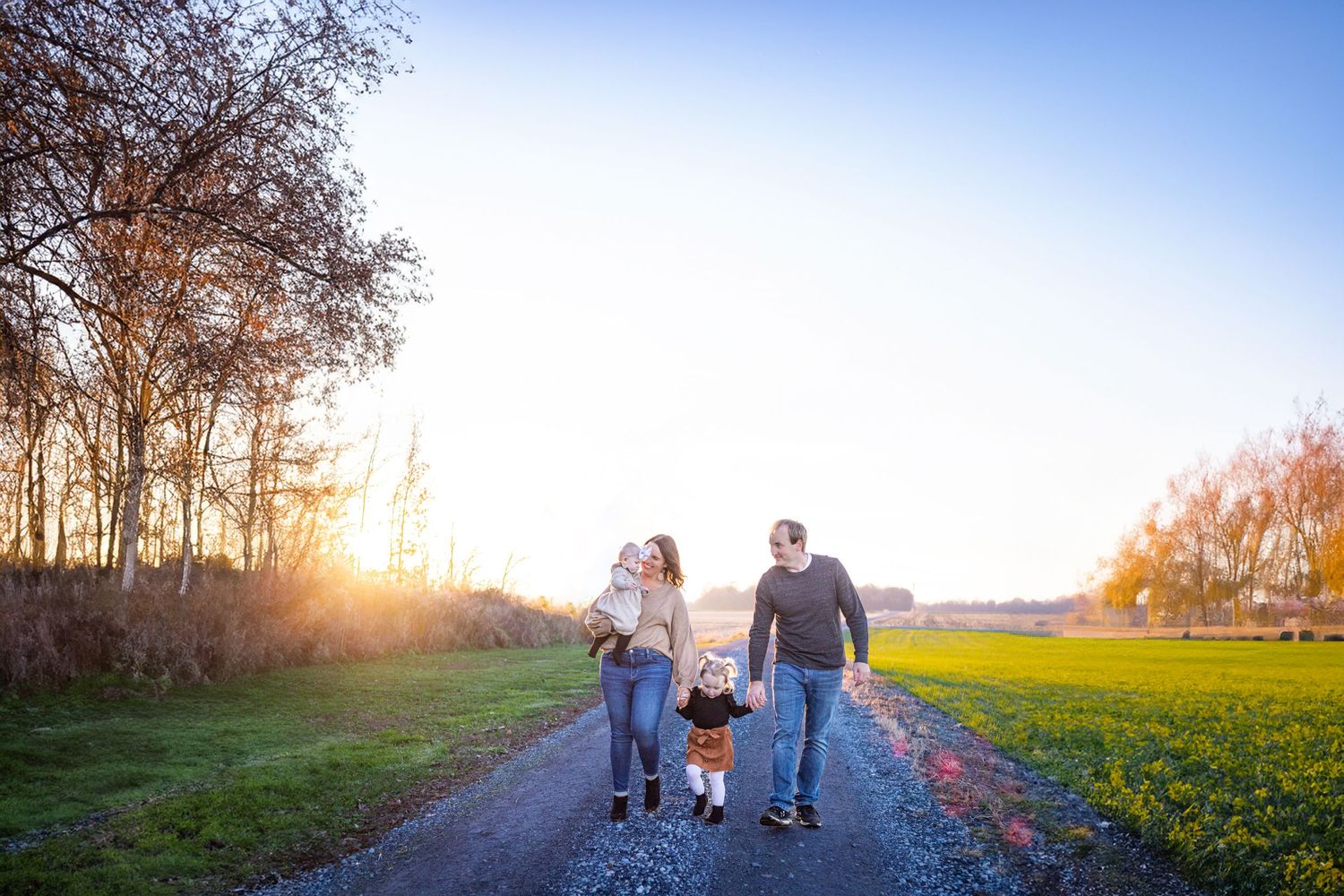 family walking down lane
