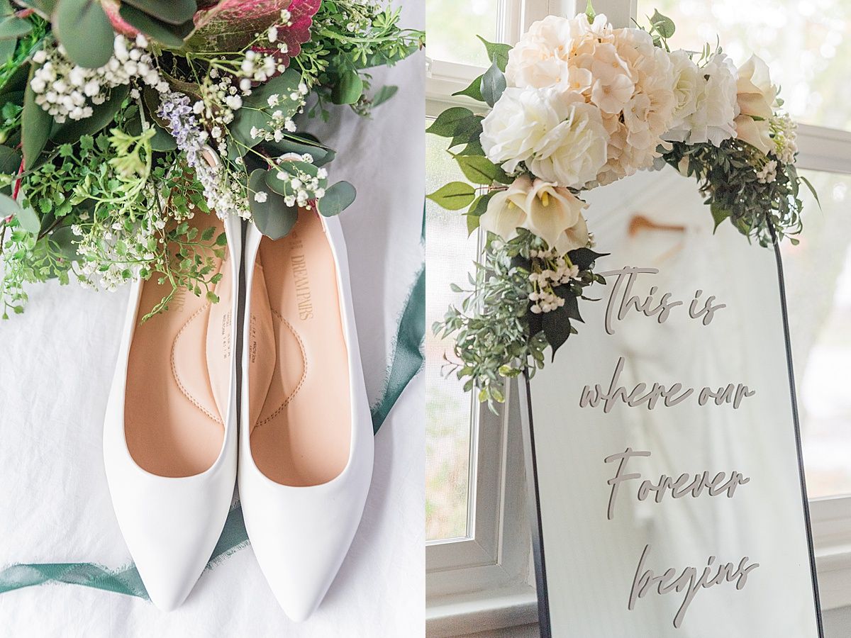 photographs of wedding details shoes flowers mirror