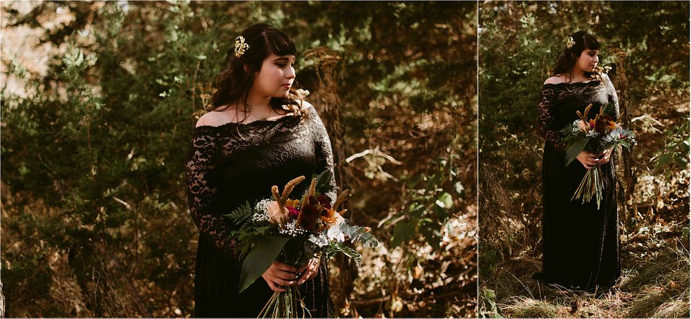 Romantic forest photoshoot featuring elegant black gown and autumn floral bouquet.