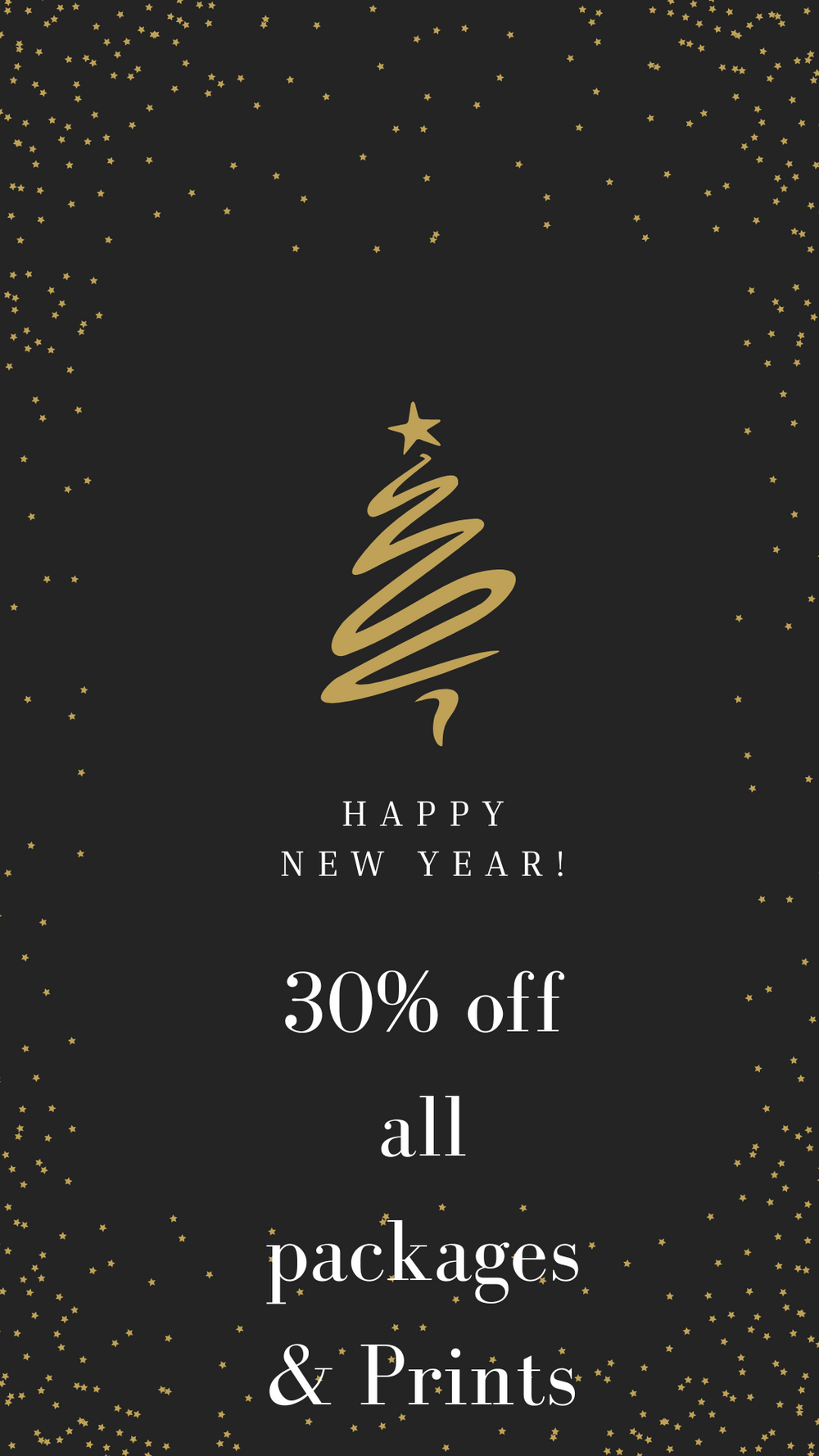 Happy New Year promotional graphic offering 30% off all photography packages and prints.