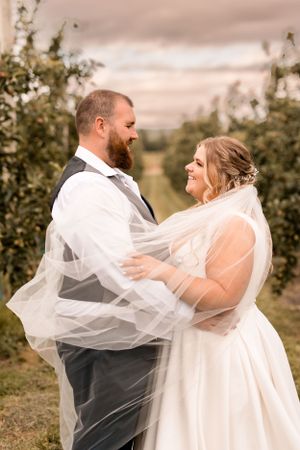 Wedding photos in an apple orchard. Couple look at each other covered by veil.