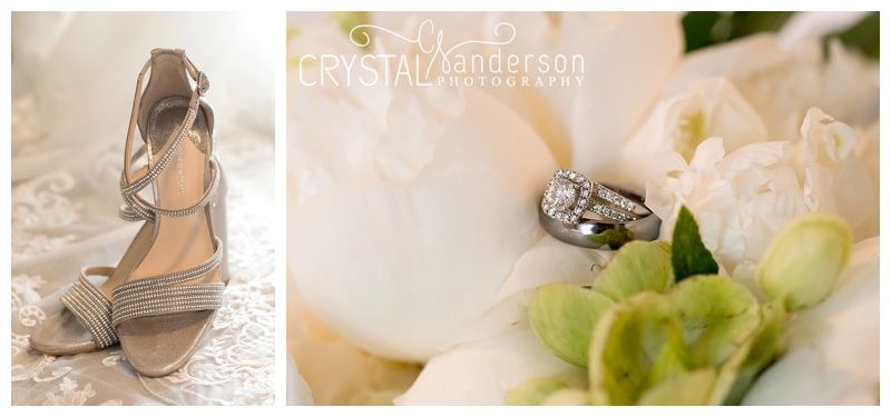 Wedding detail shots of rings, flowers and bridal accessories in soft lighting.