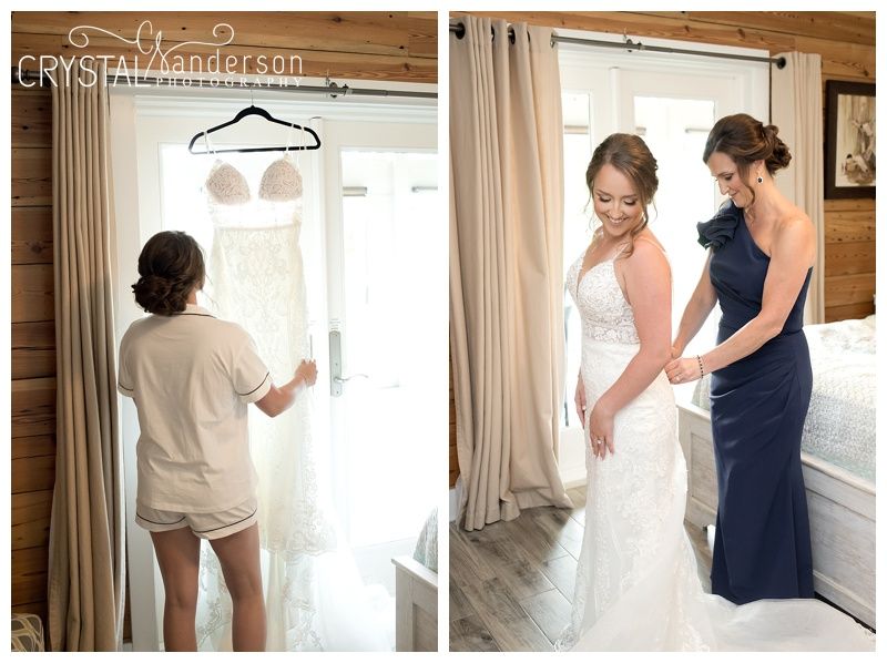Wedding dress preparation sequence showing details of getting ready.