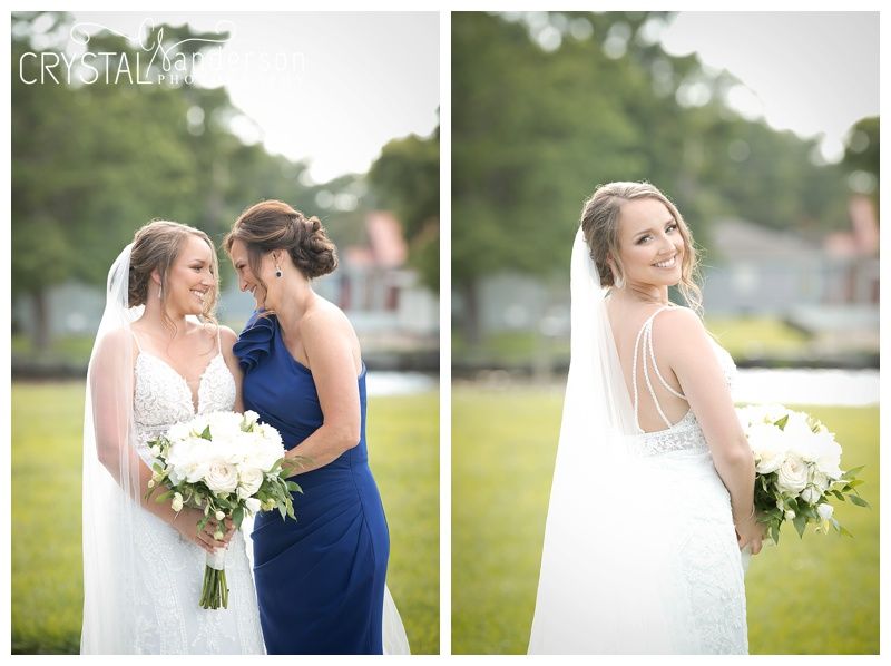 Outdoor wedding photography session with white and navy formal attire.