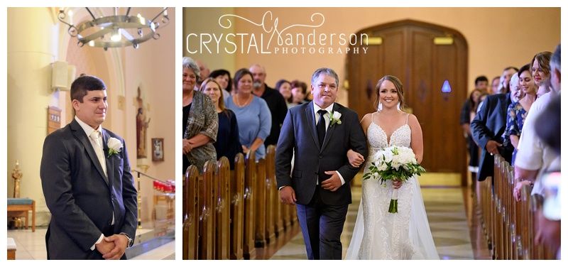 Traditional church wedding ceremony with guests seated in wooden pews.