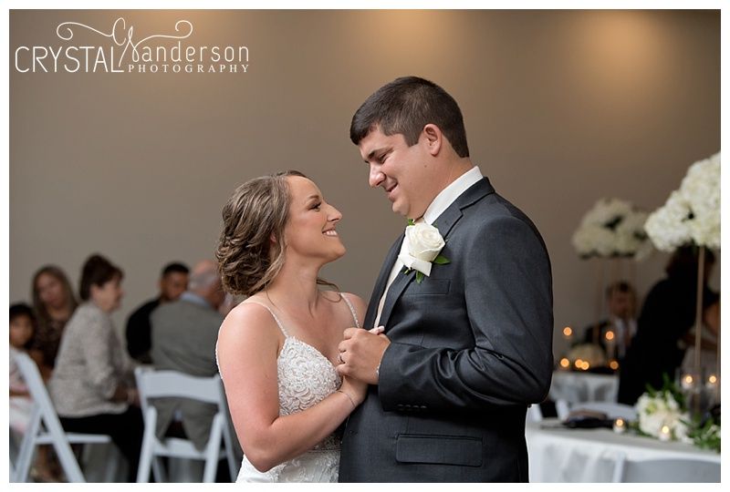 Wedding couple dancing together during their first dance at an elegant reception venue.