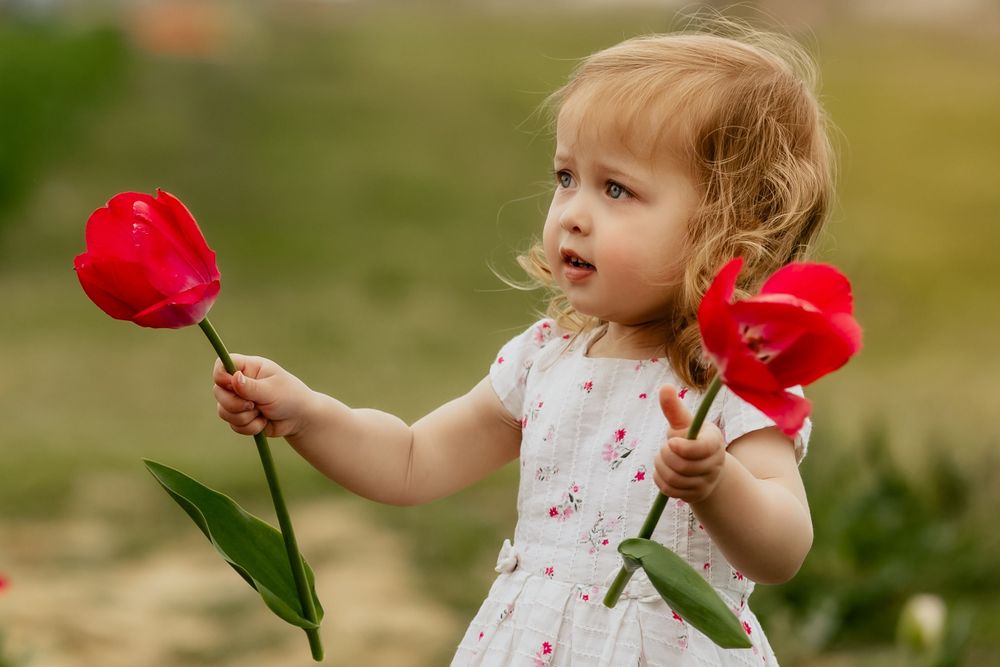 Child in floral dress holding bright red tulips in both hands while playing outdoors.