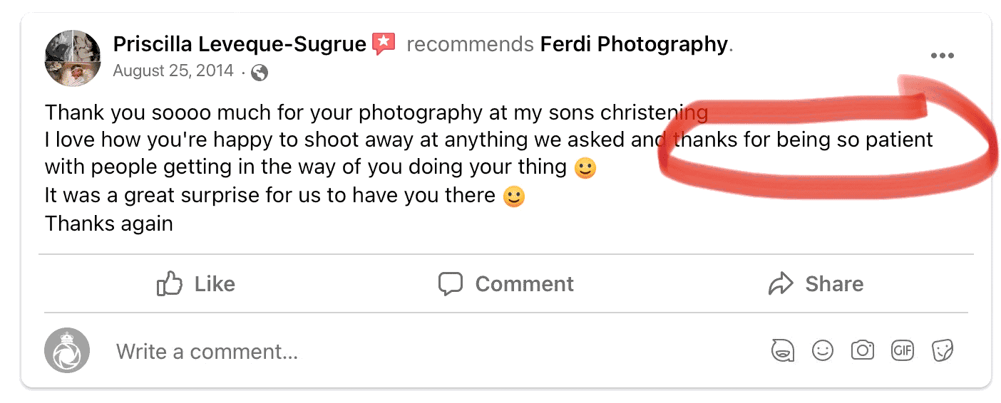 A social media review screenshot showing positive feedback for photography services.