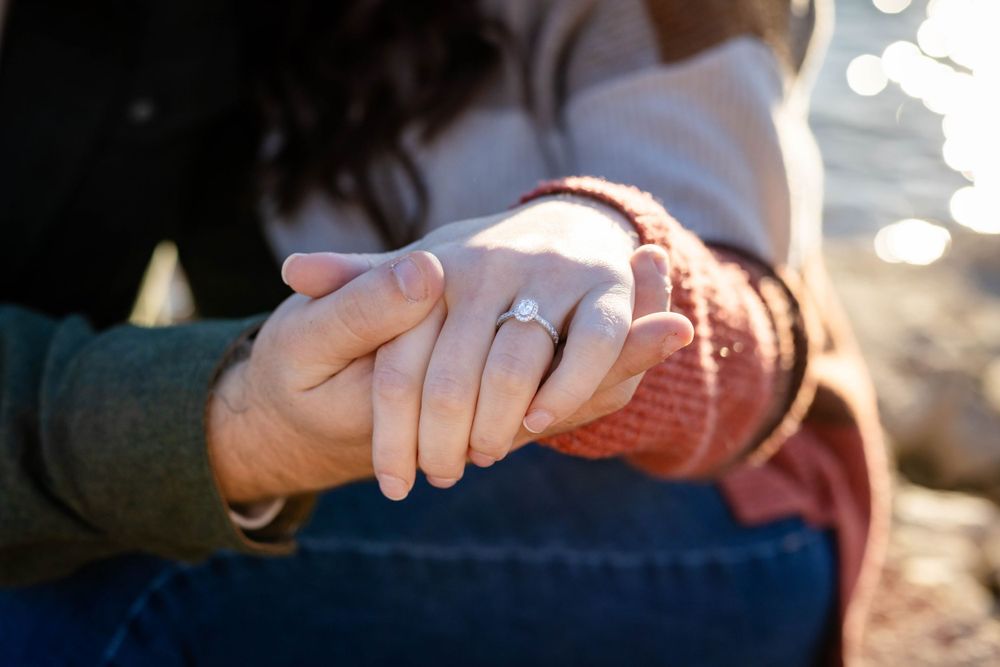Close-up of an engagement ring during a session at Norfork Lake near Mountain Home, Arkansas