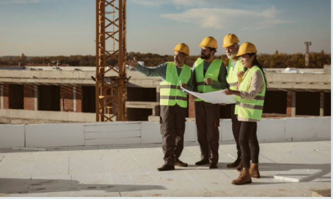 Construction team reviewing blueprints on a building site wearing safety gear.