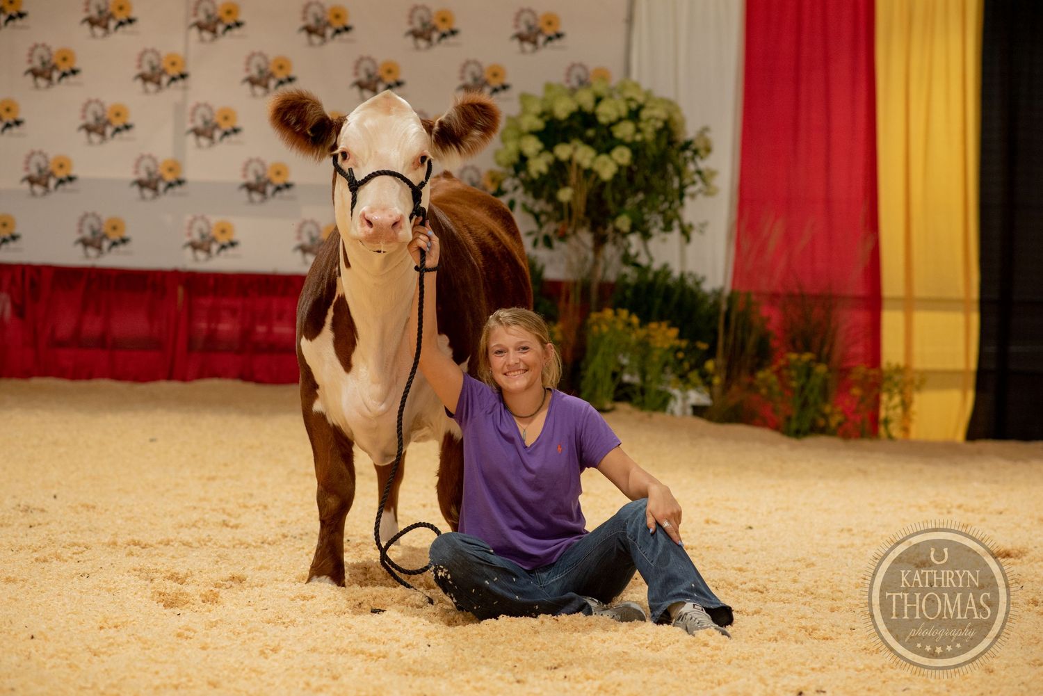 A brown and white show cow poses with its handler at the Maryland State Fair competition.