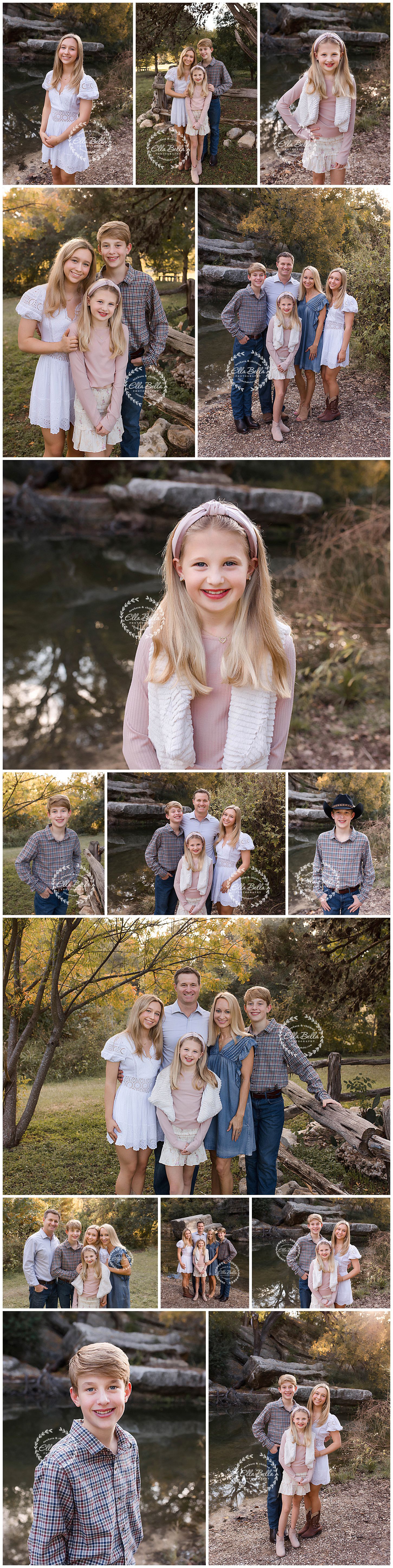 Multi-photo family portrait session in soft pastel outfits against natural outdoor backdrop.