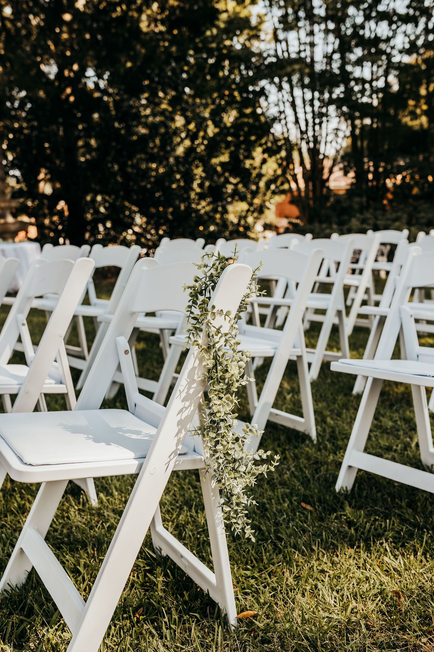 Rows of white folding chairs set up for an outdoor ceremony with golden sunlight filtering through trees.
