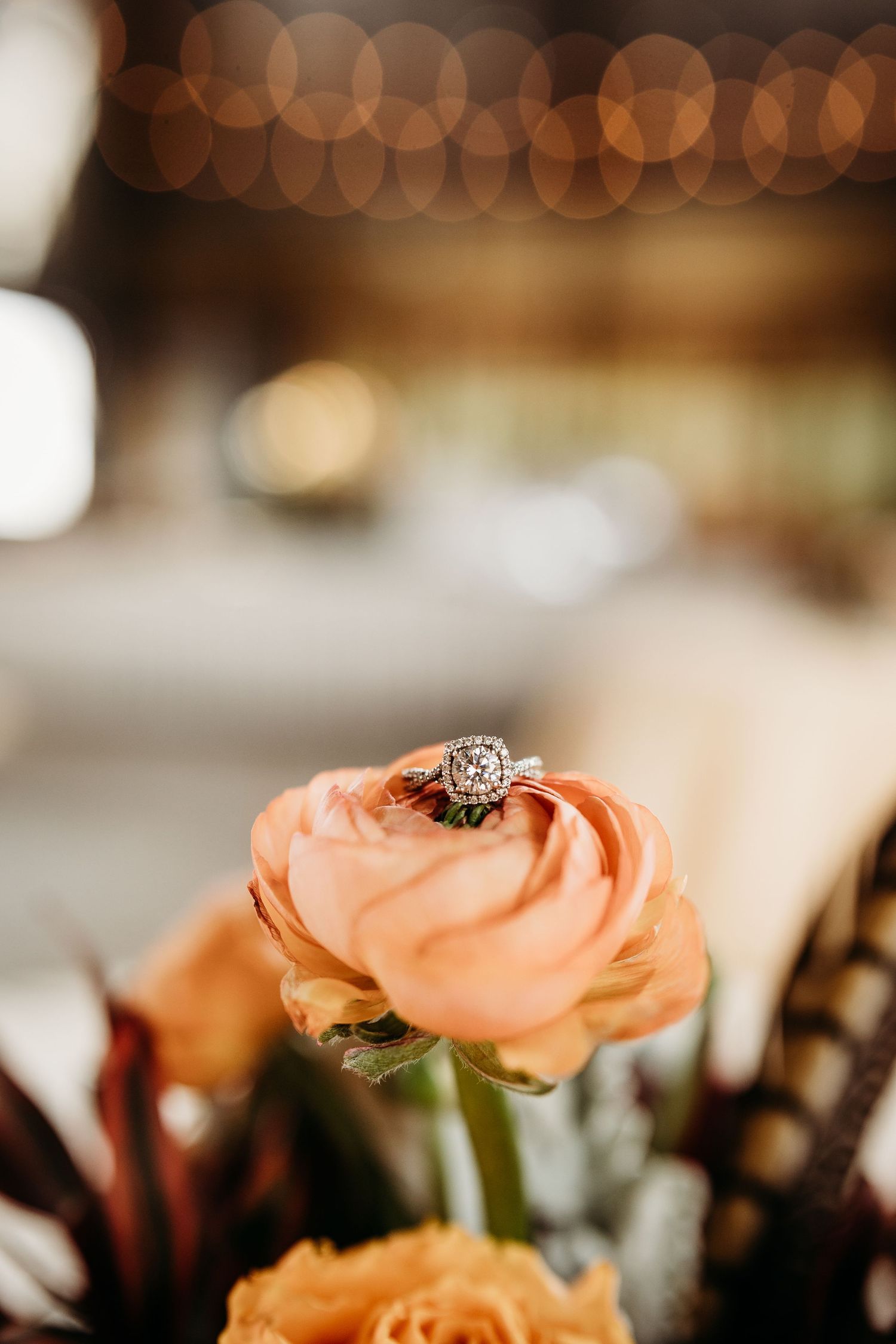 Diamond ring nestled in the center of a peach rose with soft bokeh background.