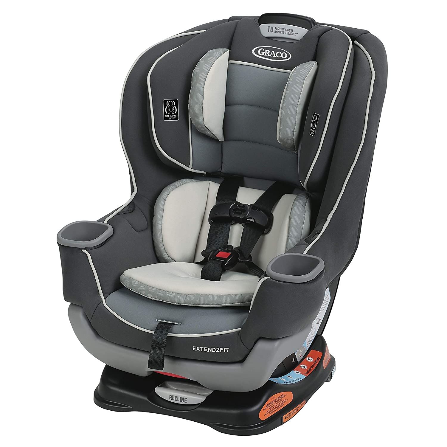 Gray and beige Graco Extend2Fit convertible car seat with safety harness.