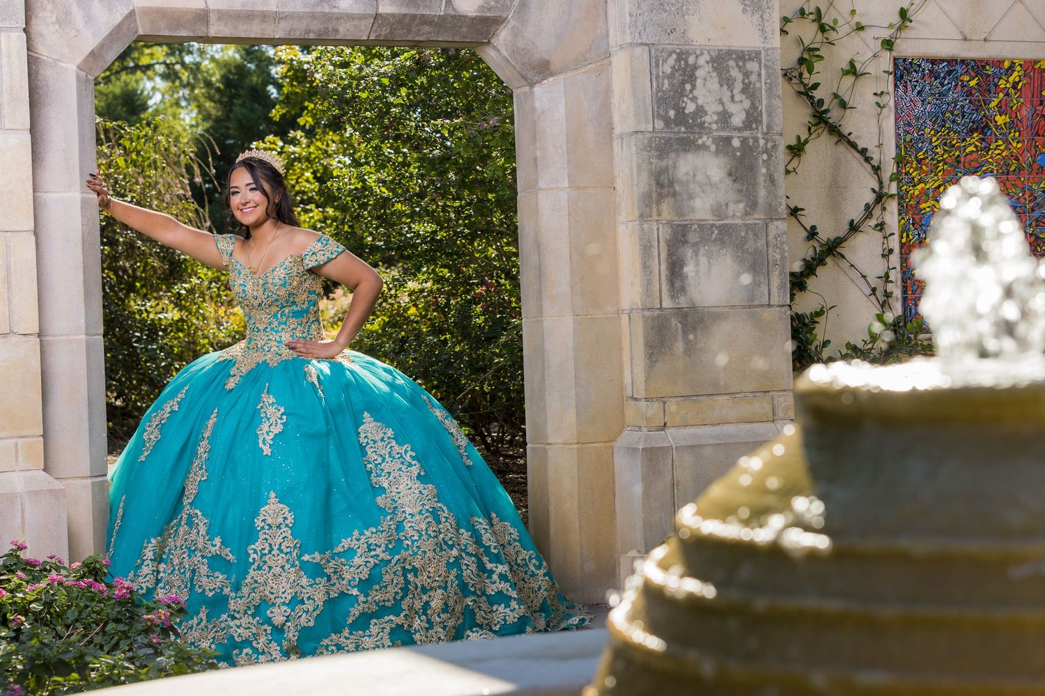 light blue quinceanera dress at Dallas Arboretum