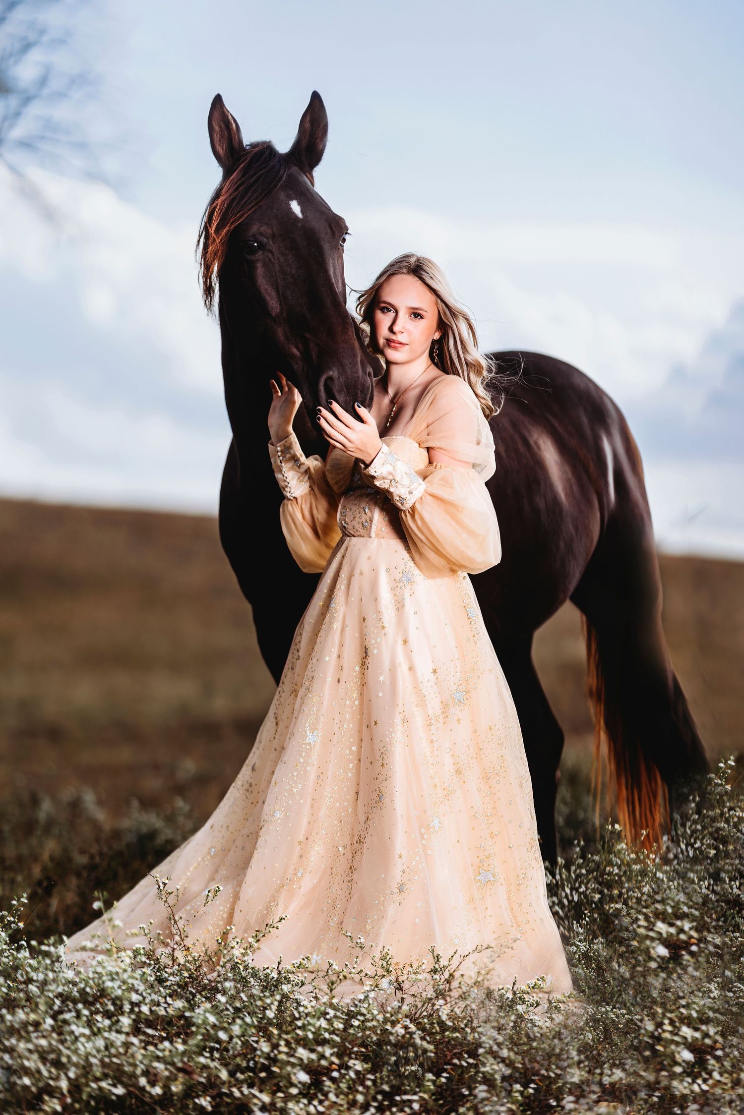 Elegant cream lace dress photoshoot with a dark horse in a wildflower meadow.Middle TN senior photographer