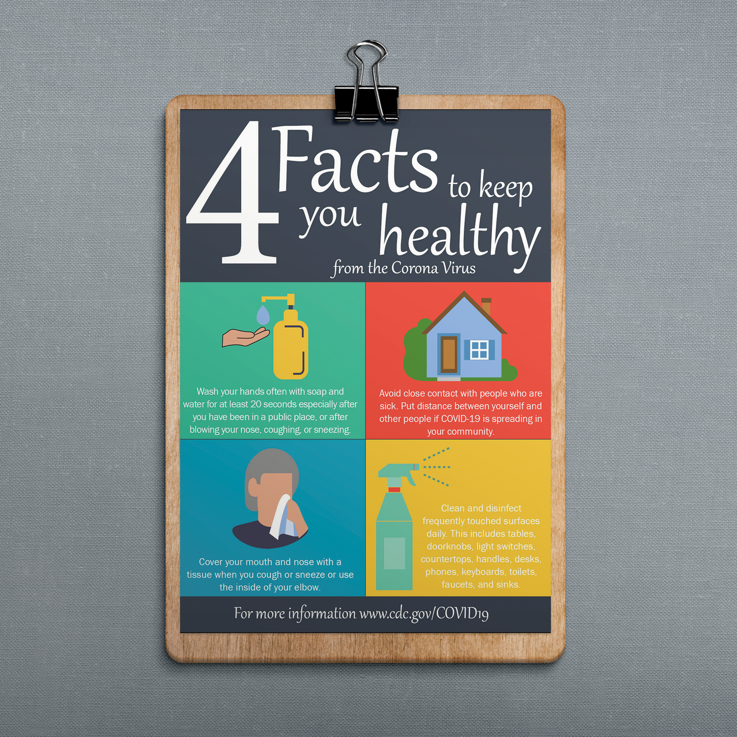 Clipboard showing 4 health facts with colorful infographic icons and text.