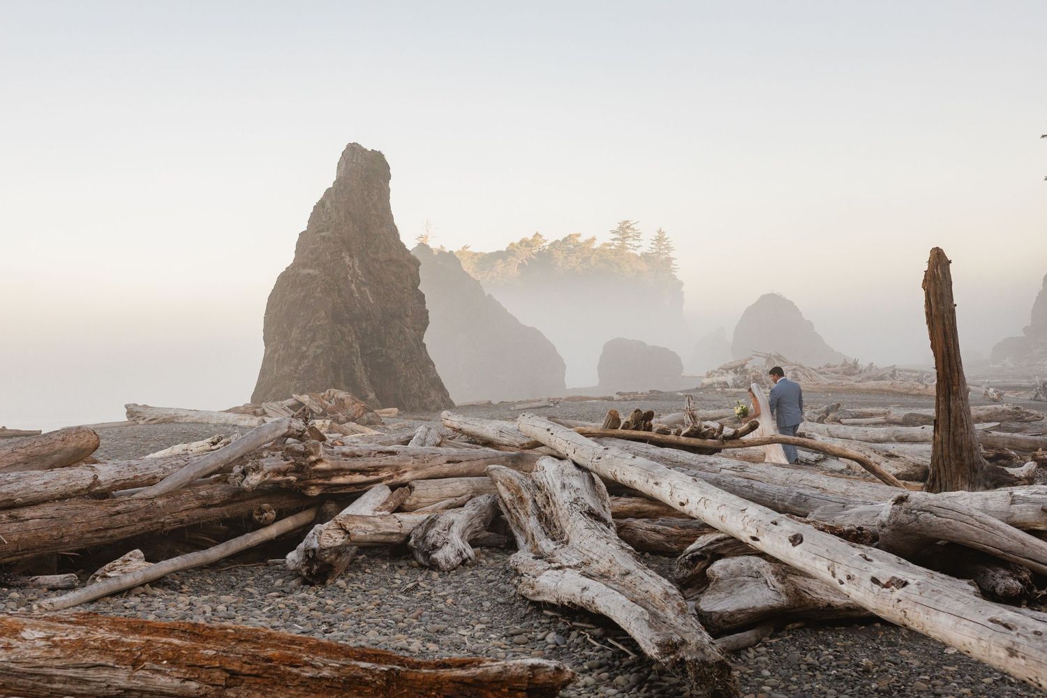 Bride and groom sitting among driftwood logs on a foggy beach with sea stacks.