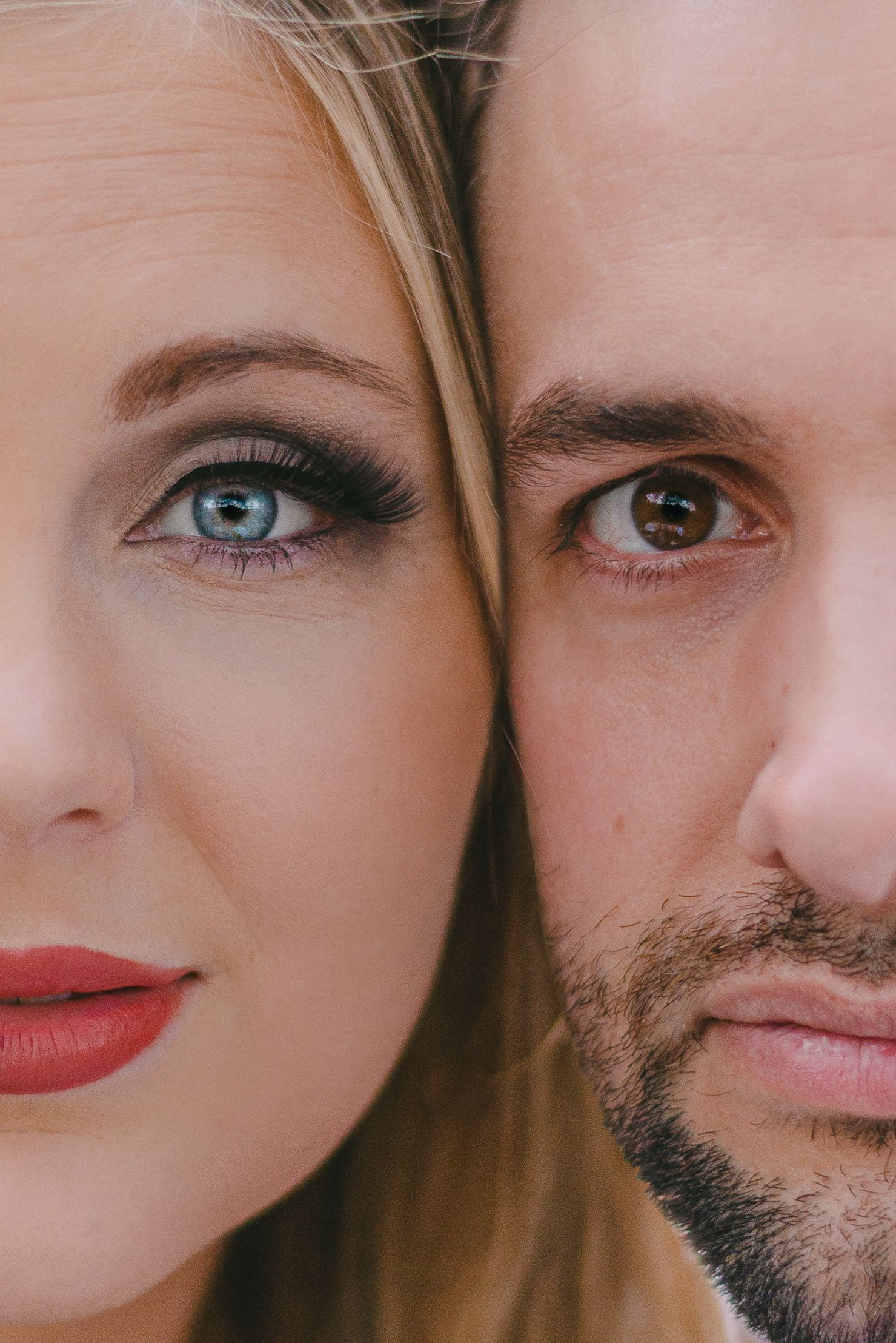 a closeup of a man and woman's eyes, side by side