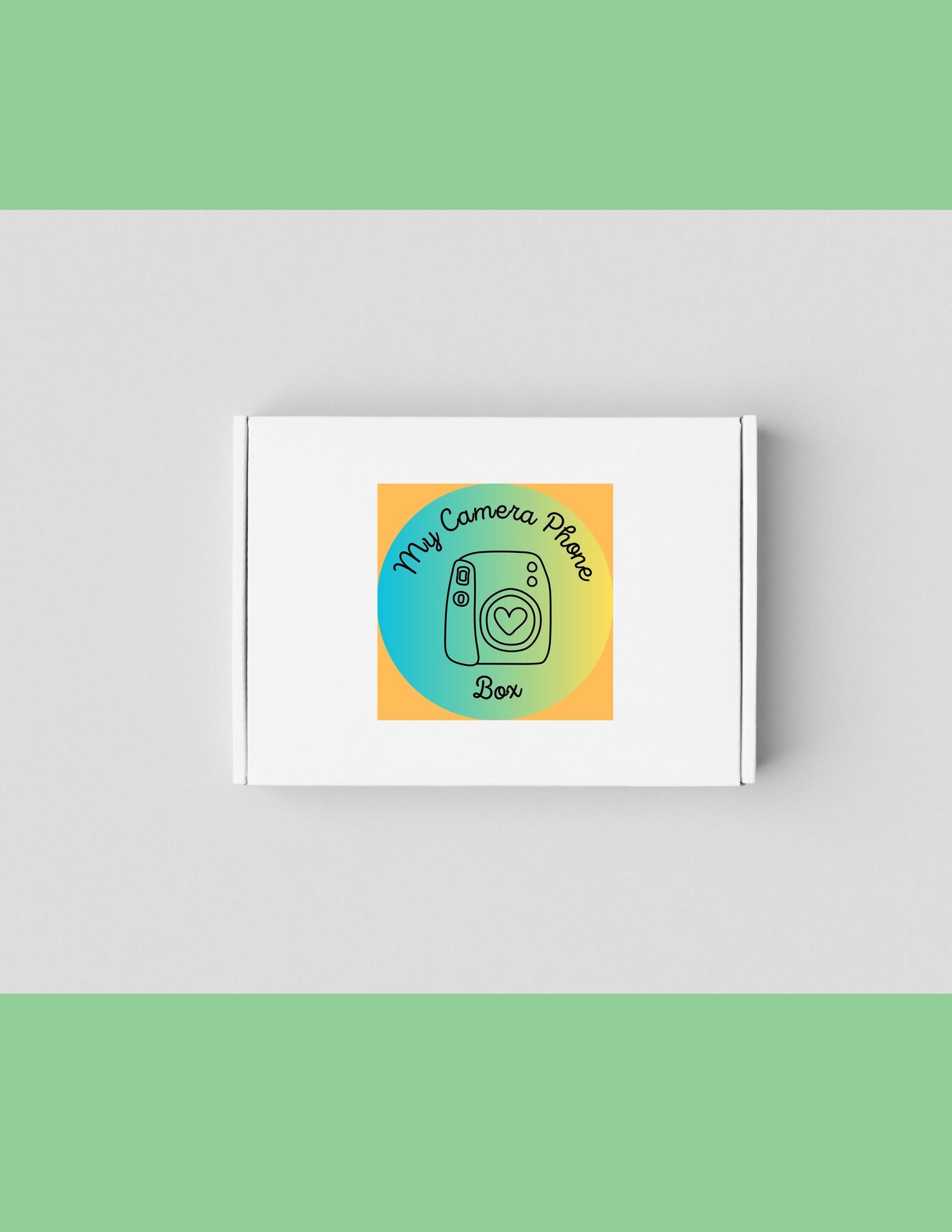 White photography box with teal and orange gradient logo design on green background.