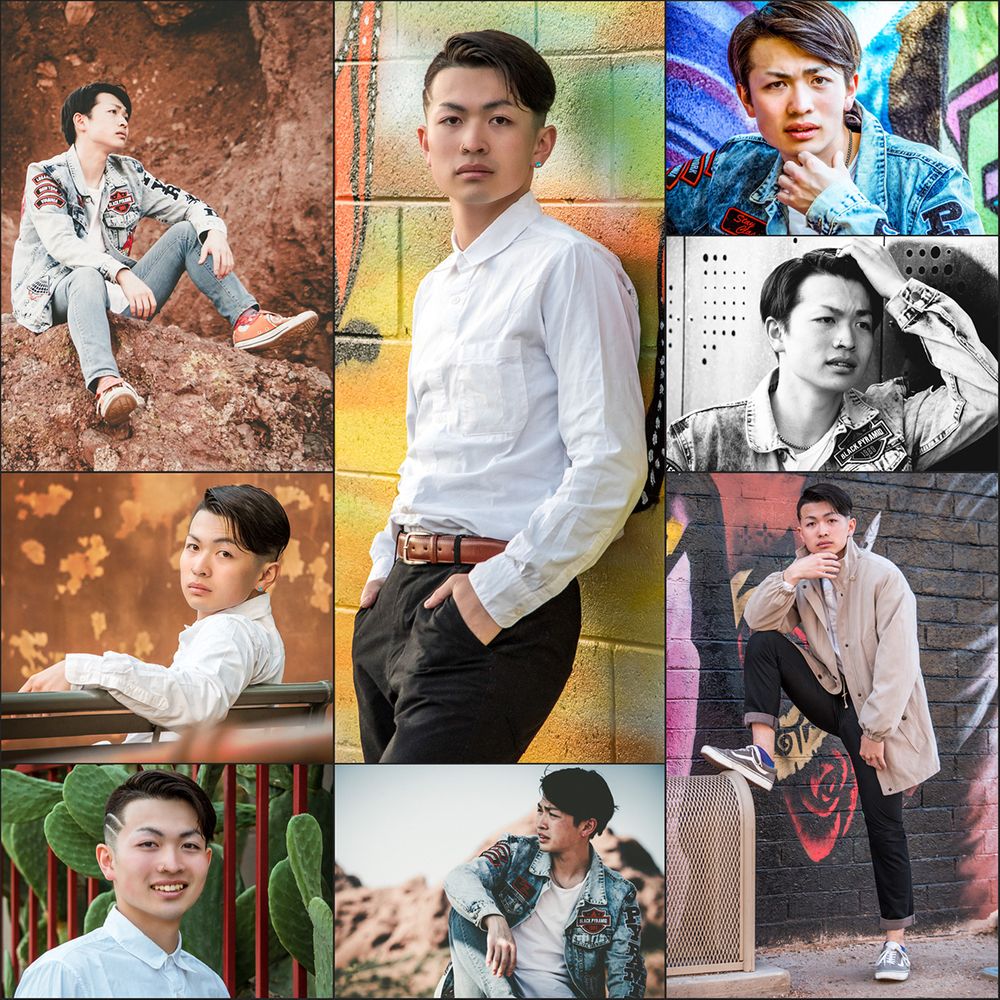 Cute Japanese male model posing outdoors in Phoenix, AZ, with a cactus and colorful mural backdrop. Collage