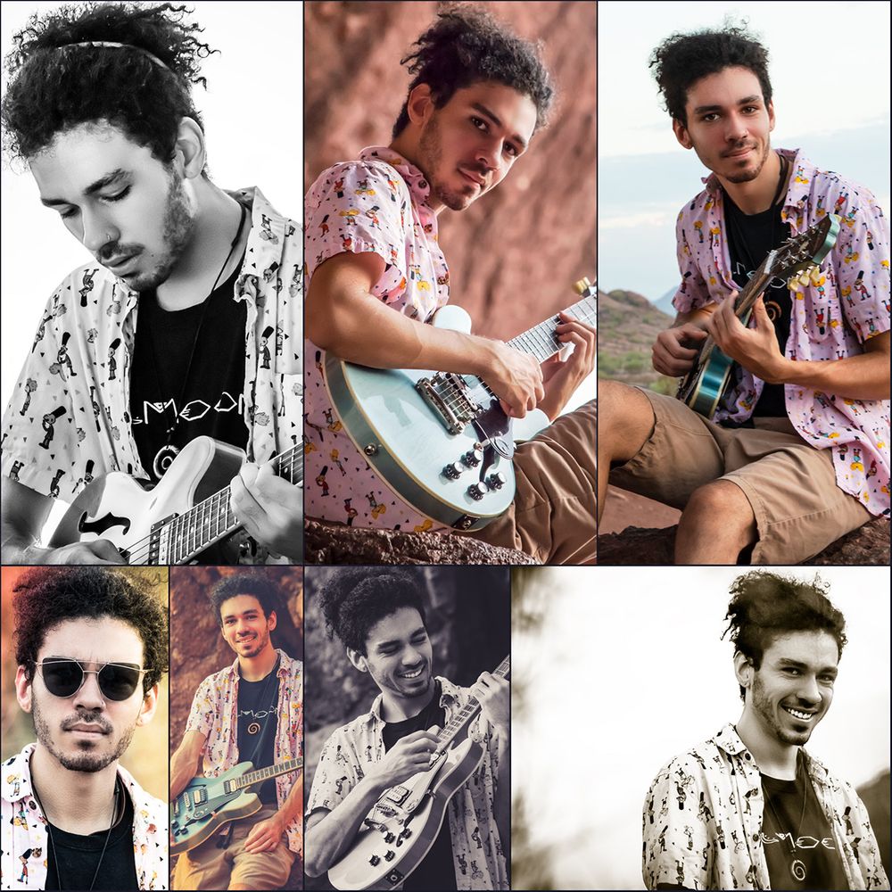 Young man with natural hair and a nose ring, posing outdoors in the desert with a cool blue tone. Collage