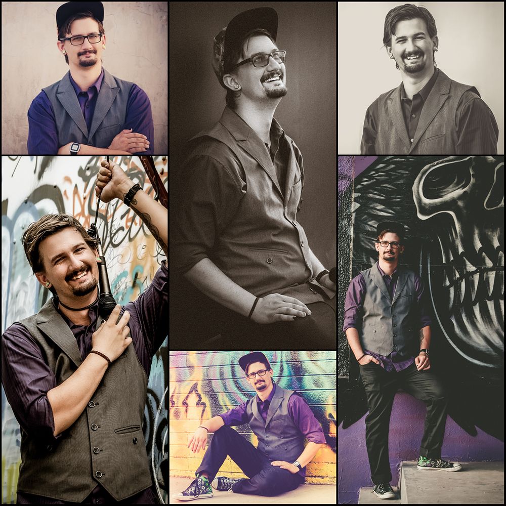Male model, posing in various ways with props outdoors in the desert, Phoenix, AZ, showcasing a comedic style. Collage