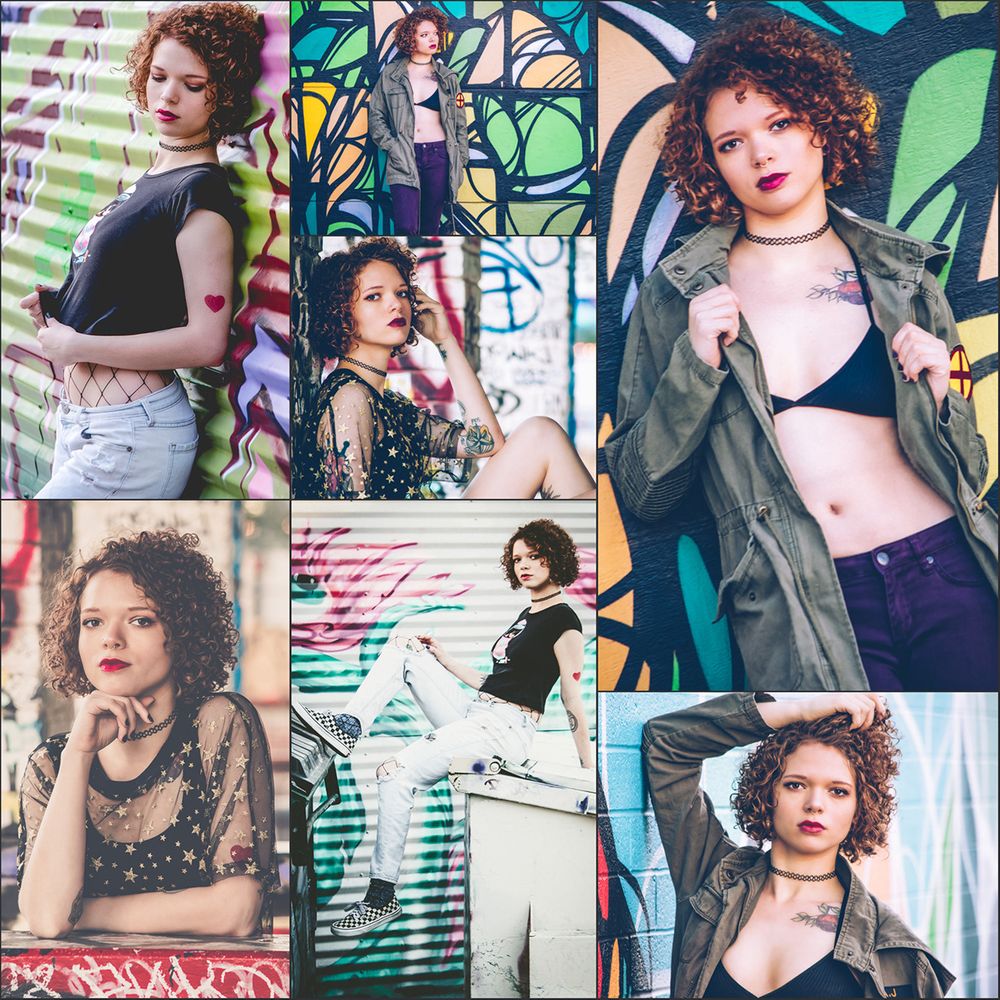 Model with natural hair, black gauzy clothes, and soft edgy makeup, posing outdoors in downtown Phoenix, AZ, with artistic vibes. Collage