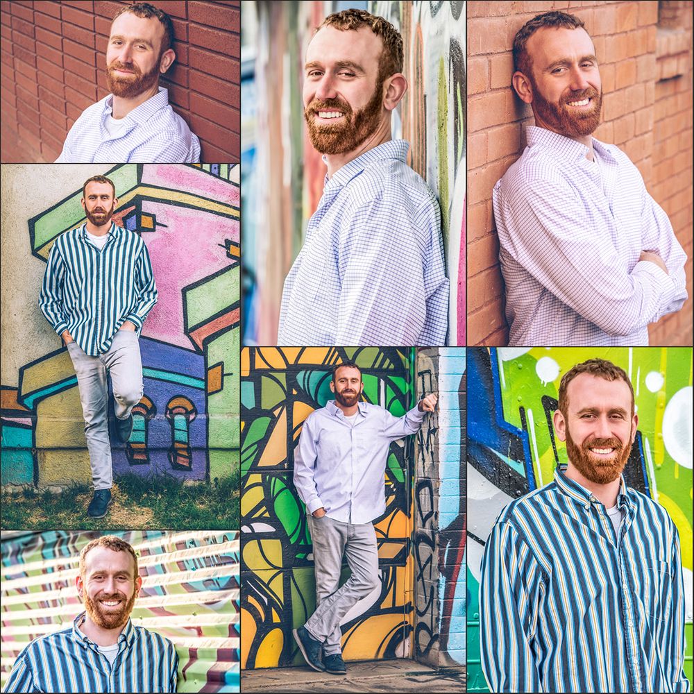 Man with ginger hair, wearing a casual button-down, posing for a dating-themed shoot in Phoenix, AZ. Collage