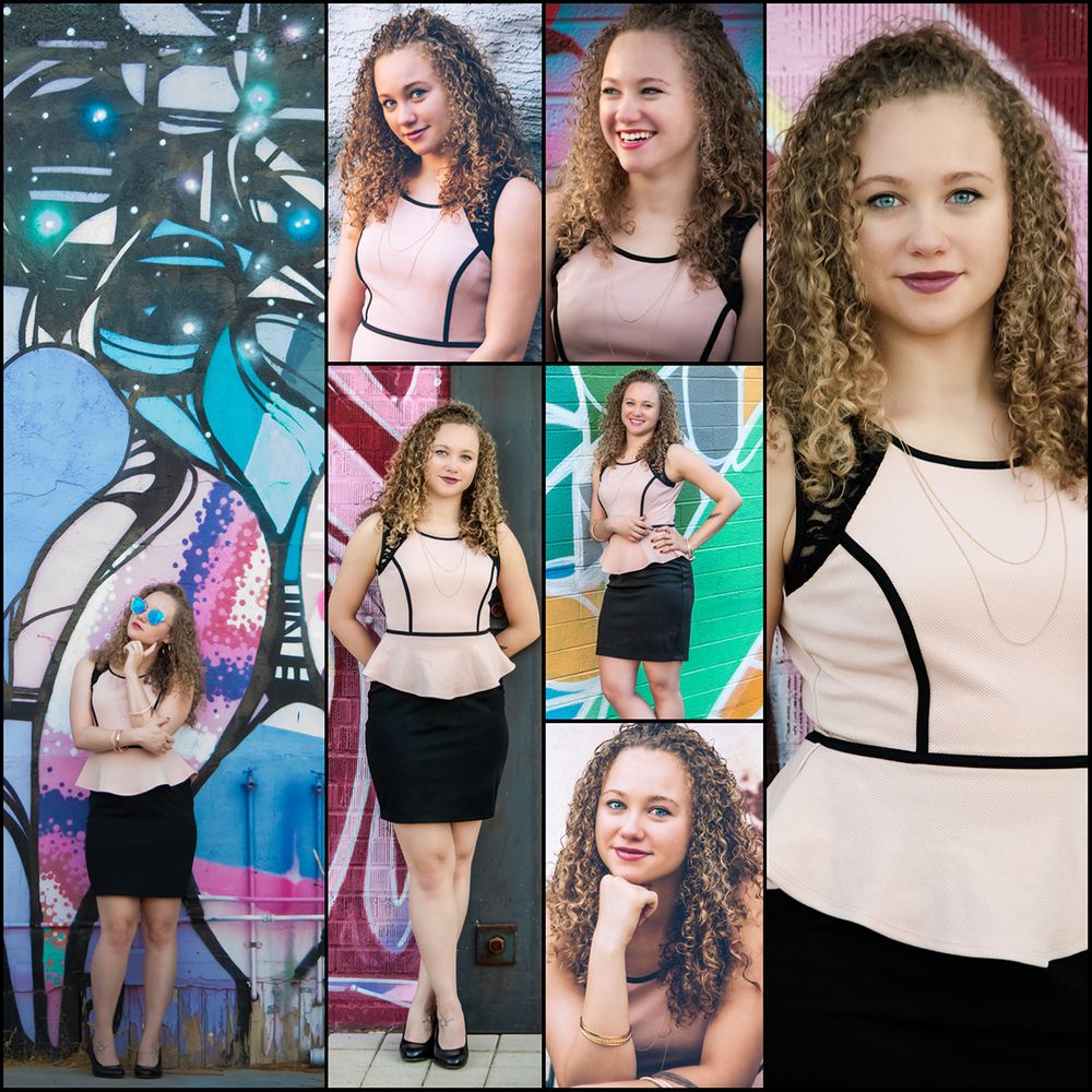 Beautiful female model with tattoos and natural hair, dressed in business casual, posing outdoors in downtown Phoenix, AZ. Collage