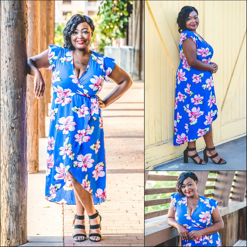 Beautiful female model with curly, dark natural hair, wearing a floral dress and red lipstick, posing outdoors in Phoenix, AZ. Collage