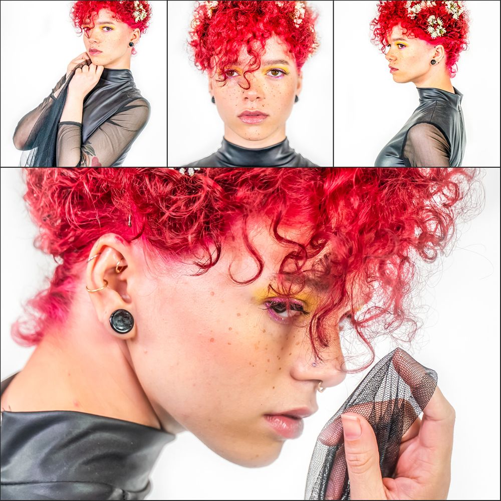 Model with bright red hair, black gauzy clothes, and white flowers in her hair, showcasing soft yet edgy makeup and freckles. Collage