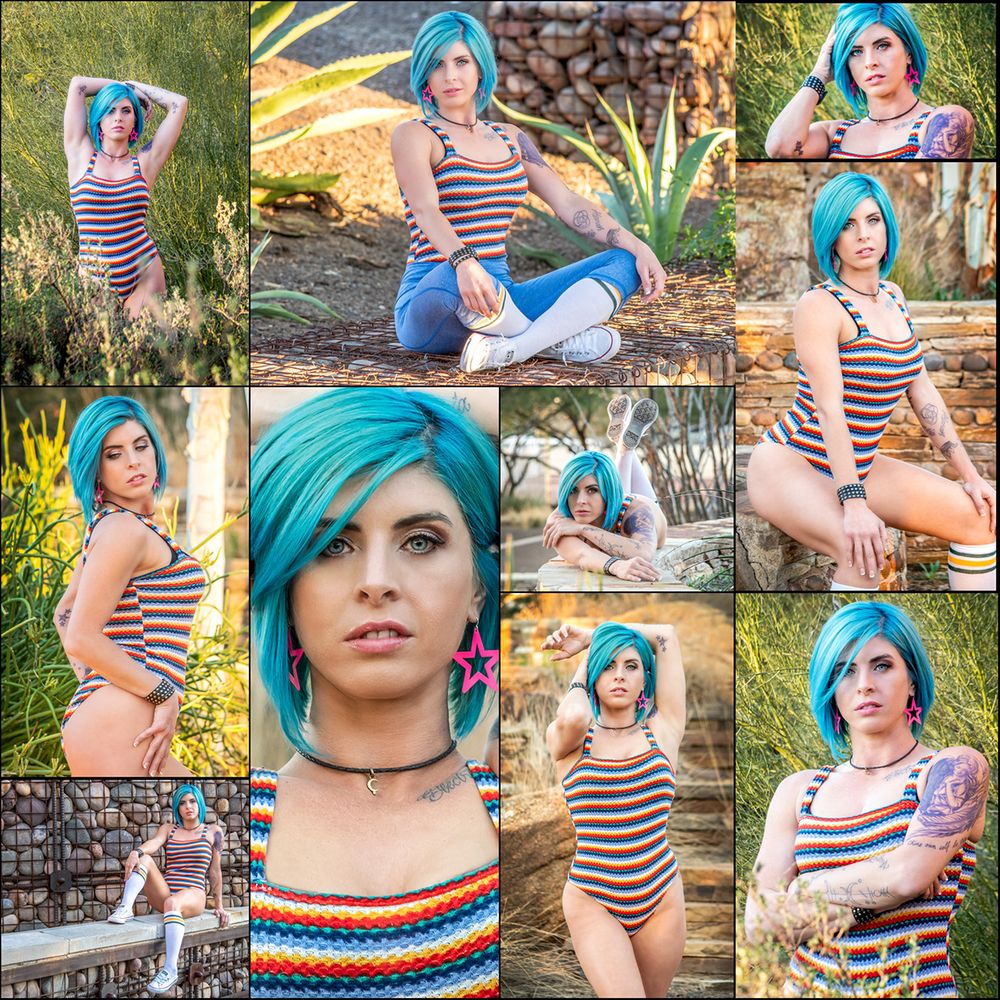 Beautiful female model with blue hair, wearing a colorful crochet swimsuit, posing outdoors in a sexy yet cute style. Collage