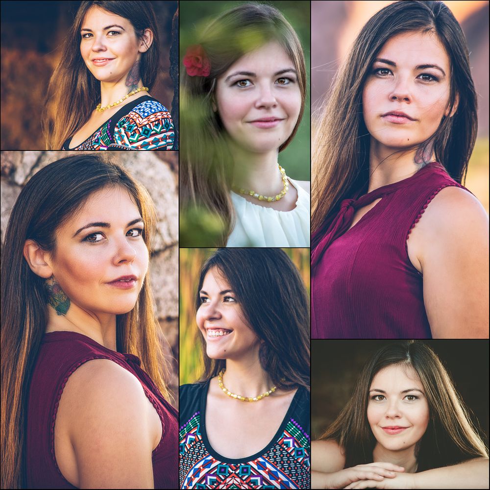 Female model with long dark hair, posing in various ways outdoors in the desert, Phoenix, AZ, in a dynamic pose collage.