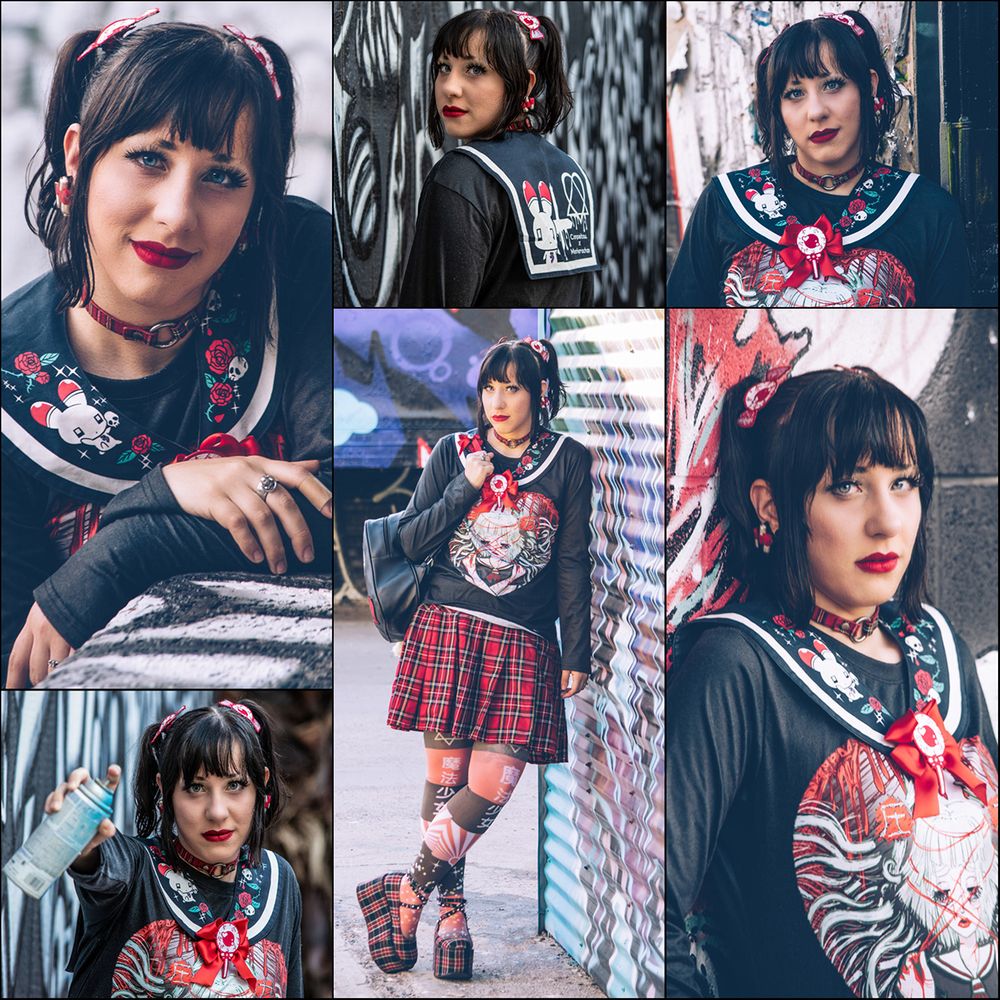 Anime-inspired model in a plaid skirt, red lipstick, and cute uwu pose, standing outdoors by graffiti in Phoenix, AZ. Collage