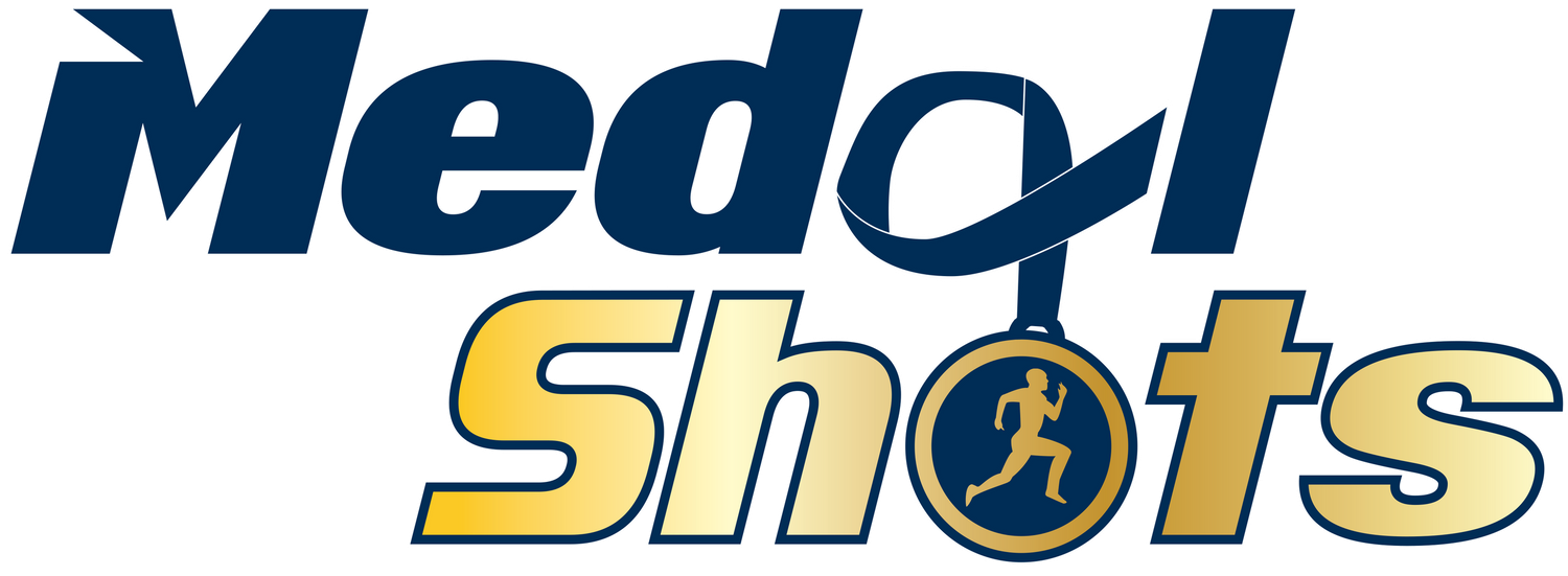 Medal Shots logo in blue and yellow with running figure silhouette.