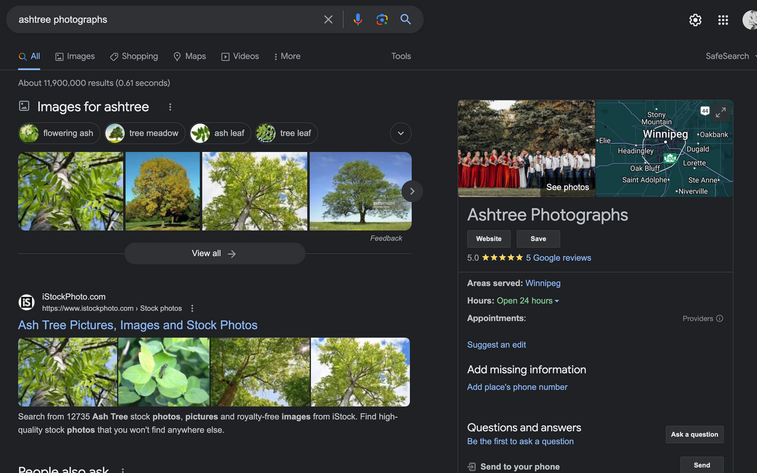 Google search results for Ashtree Photographs showing images and business profile in Winnipeg.