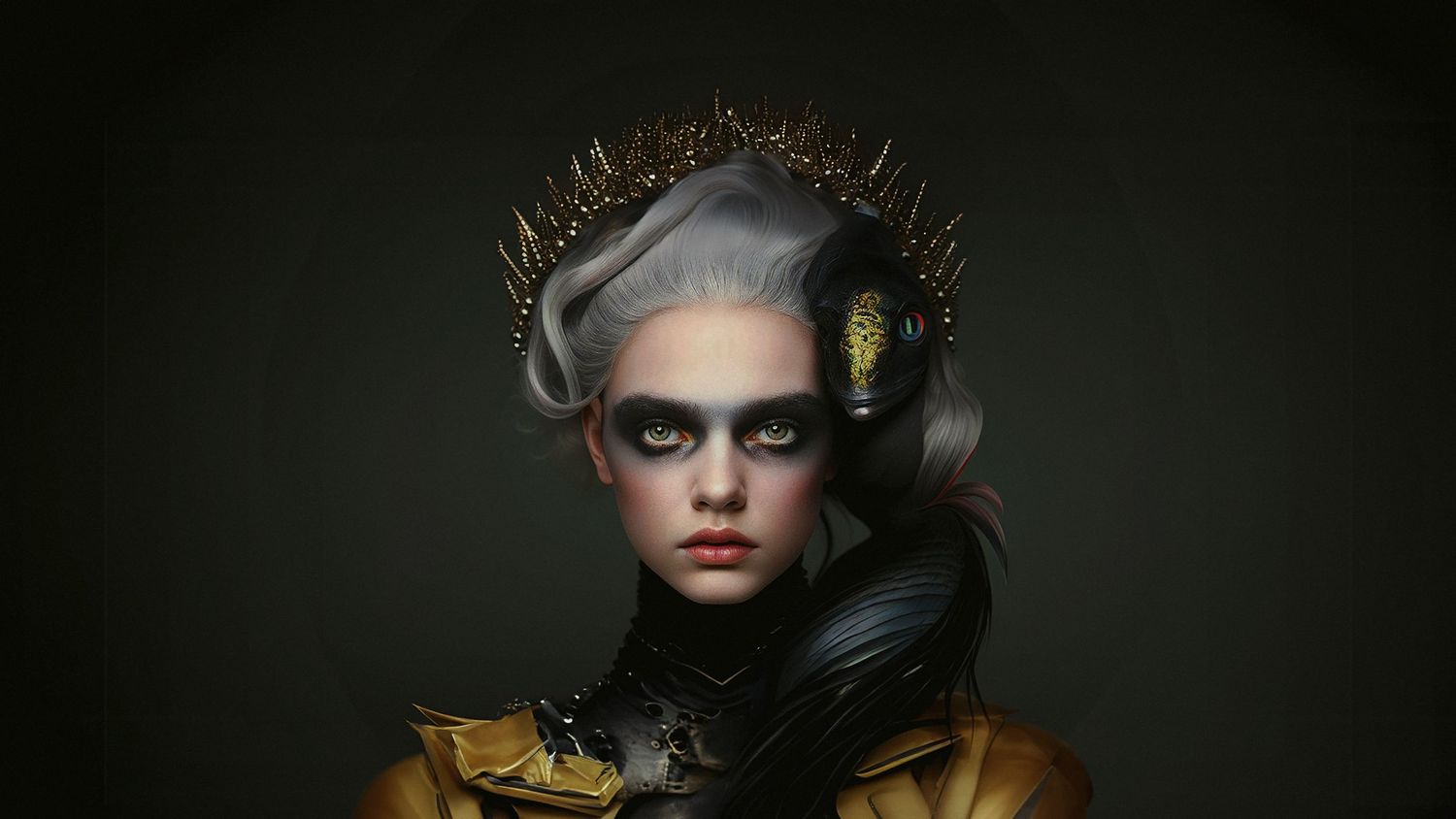 Dark fantasy portrait with metallic crown and black feathers in baroque style.