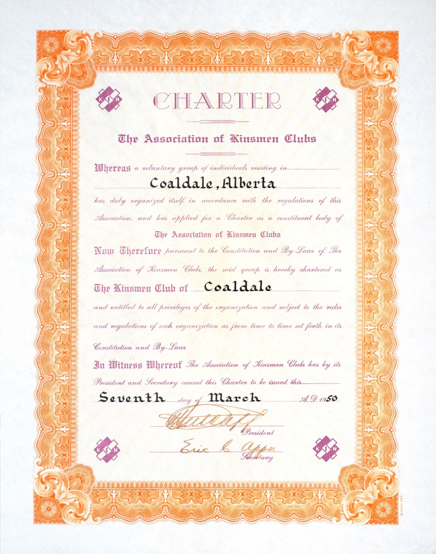 Vintage orange charter certificate from The Association of Kinsmen Clubs for Coaldale Alberta.
