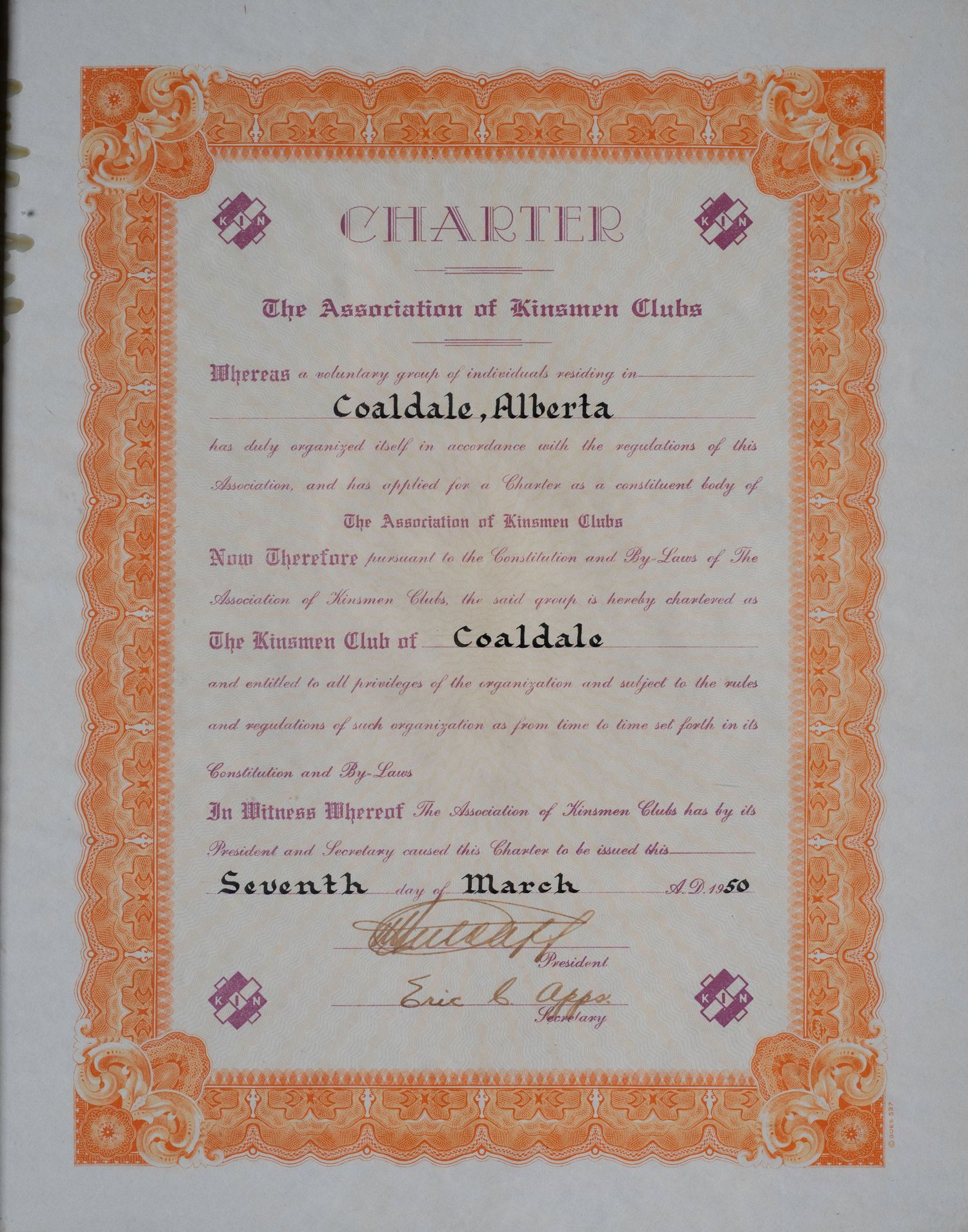 Historical orange-bordered charter document for Kinsmen Club of Coaldale Alberta.