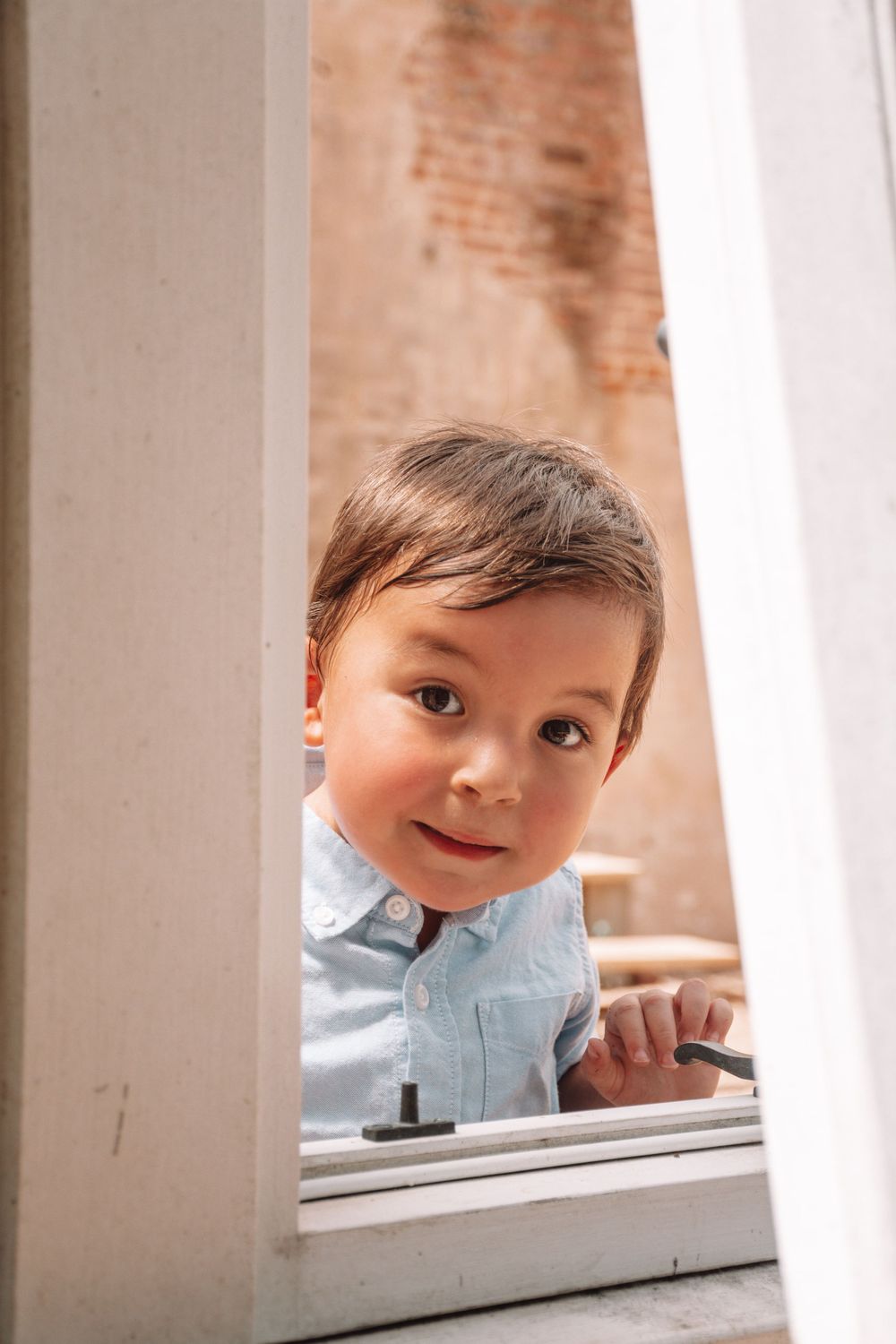 A little boy looking happy through a greenhouse window.