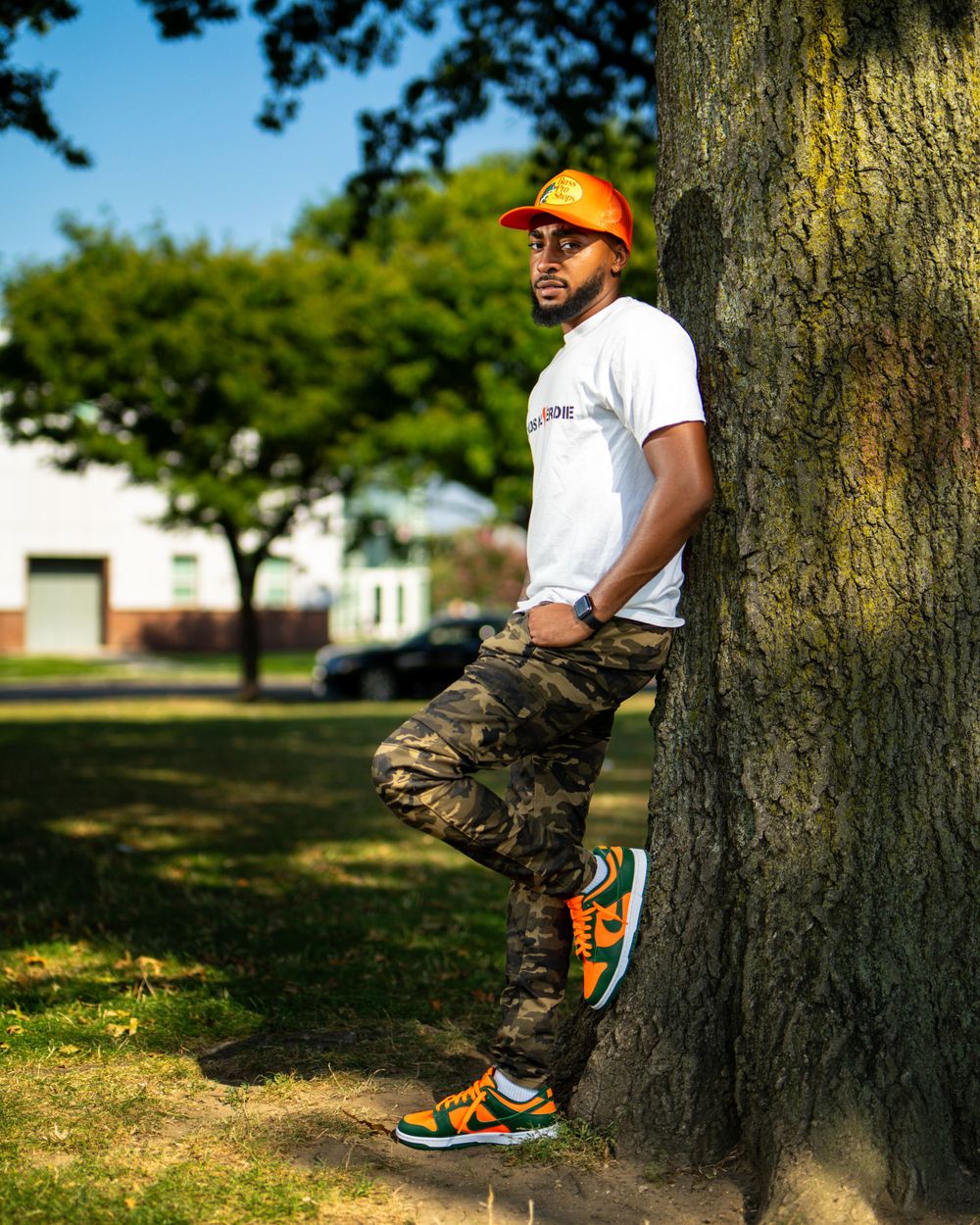 Streetwear portrait of man leaning on a tree — casual lifestyle photo by Timoy B Photography.