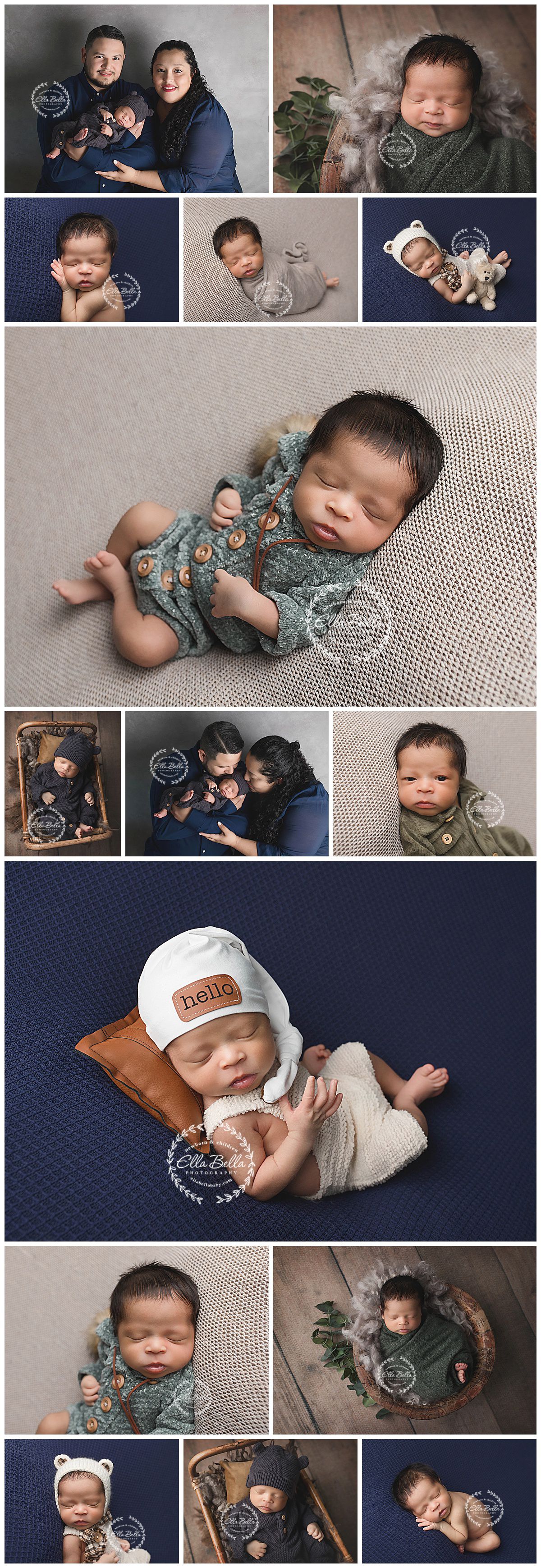 Professional newborn photo collection featuring family portraits and styled baby poses in various outfits.