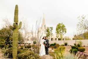Desert wedding venue panorama with tall saguaro cacti and mountain backdrop.