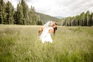 Wedding photography sequence in rustic mountain meadow with aspen trees.