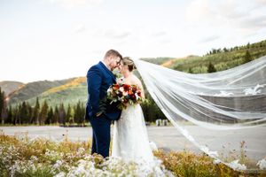 Dramatic mountain wedding portraits with flowing veil against scenic natural backdrop.
