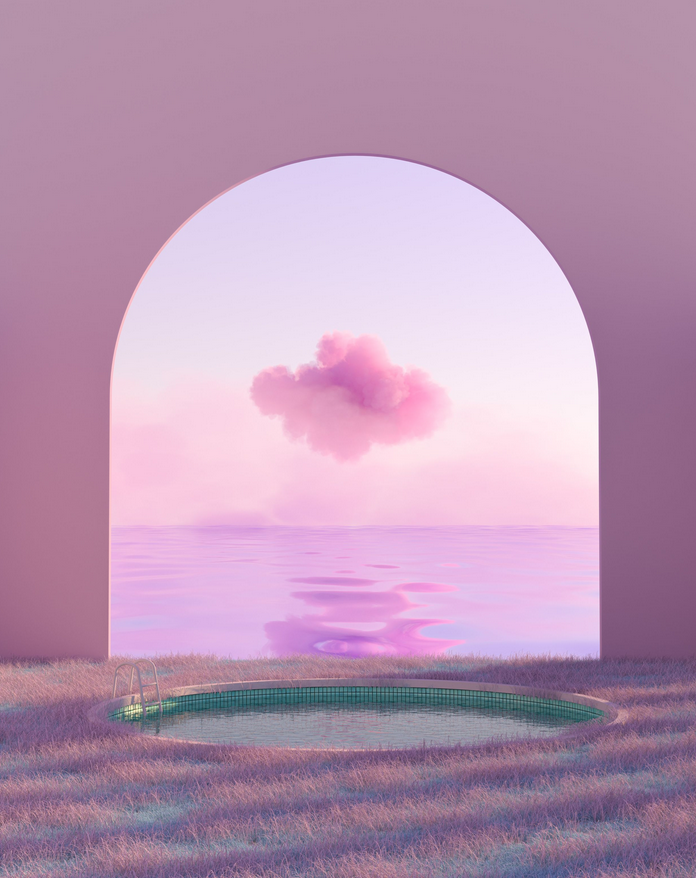 archway with a pink cloud floating above a prismatic color ocean, with a teal green hottub to look out photo by Mo Eid