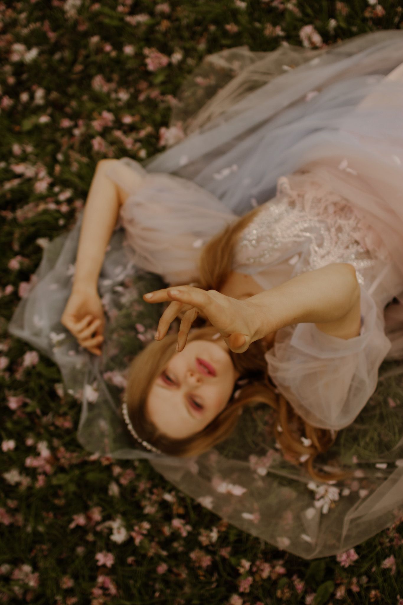 Ethereal portrait with flowing sheer fabric creates dreamy atmosphere among scattered cherry blossoms.