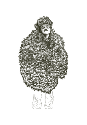 Drawing of a man wearing sunglasses, a beaver fur hat and a bear fur coat